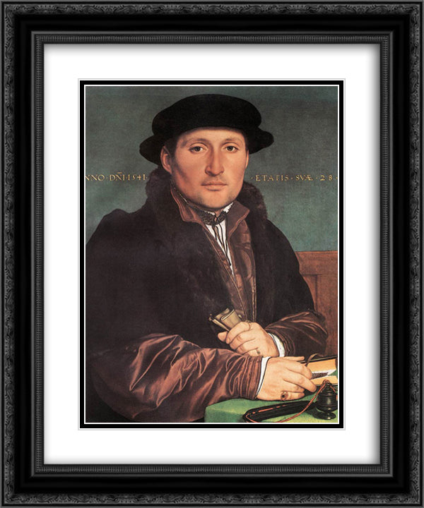 Unknown Young Man at his Office Desk 20x24 Black Ornate Wood Framed Art Print Poster with Double Matting by Holbein the Younger, Hans
