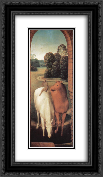 Allegorical representation of two horses and a monkey 14x24 Black Ornate Wood Framed Art Print Poster with Double Matting by Memling, Hans