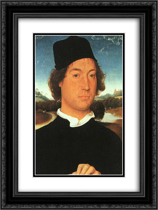 Man with a black cap 18x24 Black Ornate Wood Framed Art Print Poster with Double Matting by Memling, Hans