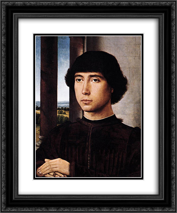 Portrait of a Man at a Loggia 20x24 Black Ornate Wood Framed Art Print Poster with Double Matting by Memling, Hans