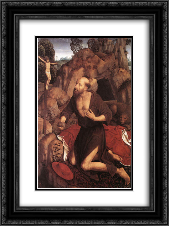 St. Jerome 18x24 Black Ornate Wood Framed Art Print Poster with Double Matting by Memling, Hans