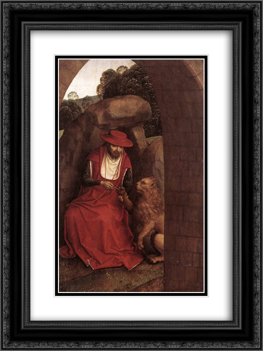 St. Jerome and the Lion 18x24 Black Ornate Wood Framed Art Print Poster with Double Matting by Memling, Hans