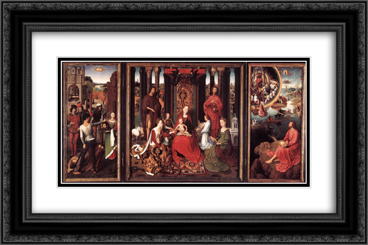 St. John Altarpiece 24x16 Black Ornate Wood Framed Art Print Poster with Double Matting by Memling, Hans