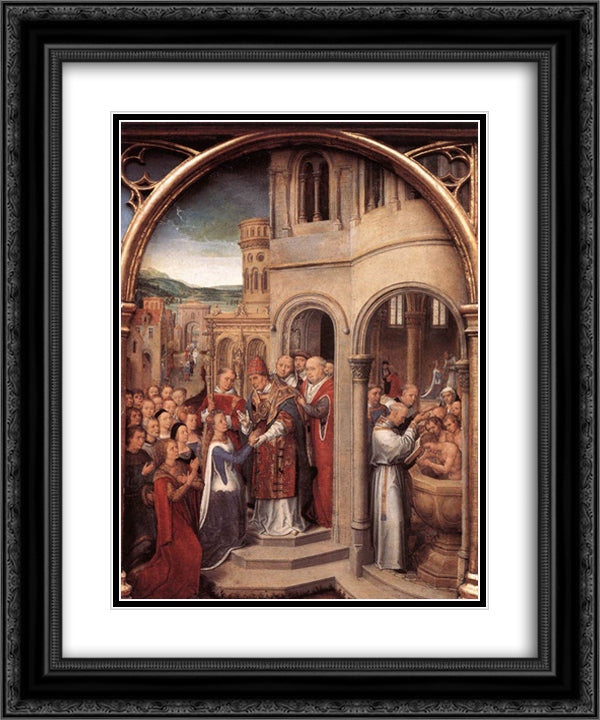 The arrival of St. Ursula and her companions in Rome to meet Pope Cyriacus, from the Reliquary of St. Ursula 20x24 Black Ornate Wood Framed Art Print Poster with Double Matting by Memling, Hans