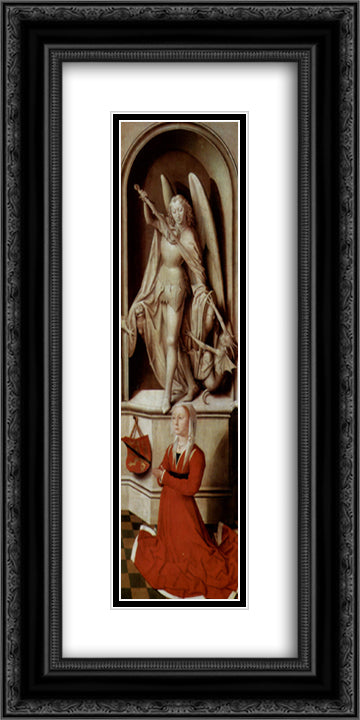 The Last Judgment, triptych, right wing Praying donor Catherine Tanagli with archangel Michael 12x24 Black Ornate Wood Framed Art Print Poster with Double Matting by Memling, Hans