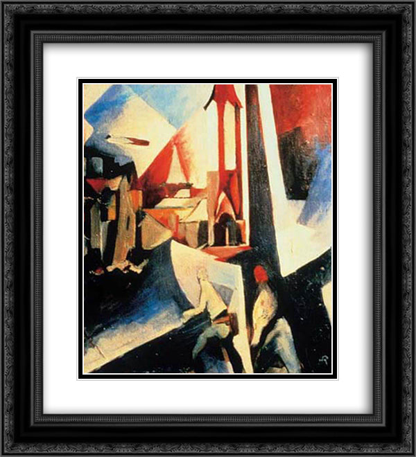 Colorful City with Zeppelin 20x22 Black Ornate Wood Framed Art Print Poster with Double Matting by Richter, Hans