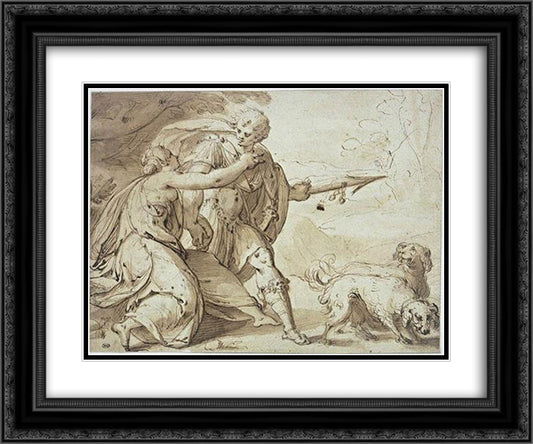 Adonis held back by Venus while going hunting 24x20 Black Ornate Wood Framed Art Print Poster with Double Matting by Aachen, Hans von