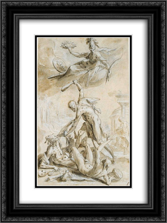 Hercules defeating the vices 18x24 Black Ornate Wood Framed Art Print Poster with Double Matting by Aachen, Hans von