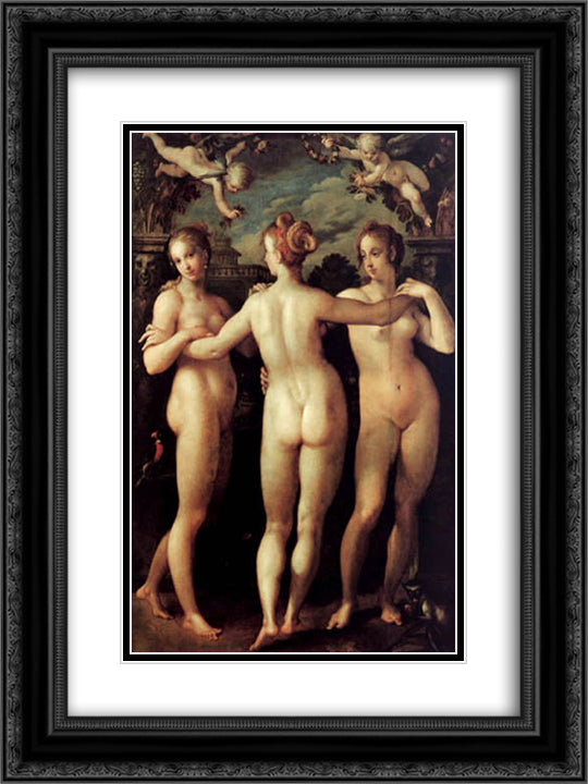 The Three Graces 18x24 Black Ornate Wood Framed Art Print Poster with Double Matting by Aachen, Hans von