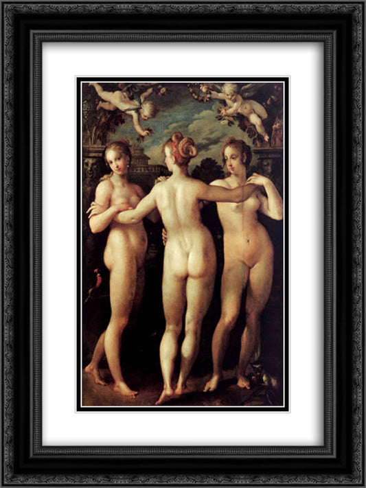 The Three Graces 18x24 Black Ornate Wood Framed Art Print Poster with Double Matting by Aachen, Hans von