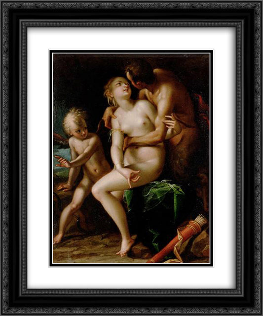 Venus, Cupid and a satyr 20x24 Black Ornate Wood Framed Art Print Poster with Double Matting by Aachen, Hans von