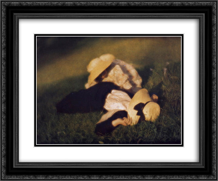 Miss Mary and Edeltrude Lying in the Grass 24x20 Black Ornate Wood Framed Art Print Poster with Double Matting by Kuhn, Heinrich