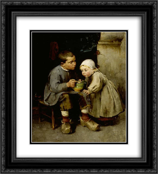 A Boy Feeding his Younger Sister 20x22 Black Ornate Wood Framed Art Print Poster with Double Matting by Schjerfbeck, Helene