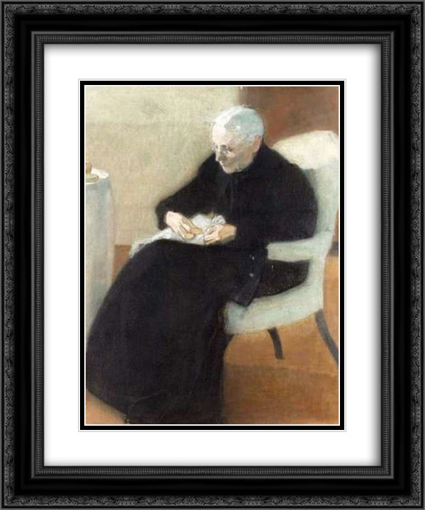 At Home Mother Sewing 20x24 Black Ornate Wood Framed Art Print Poster with Double Matting by Schjerfbeck, Helene