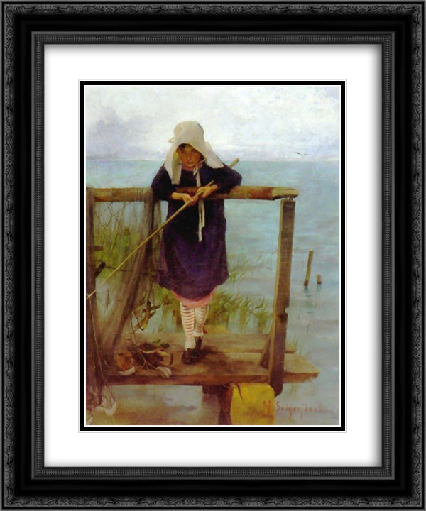 Girl Fishing 20x24 Black Ornate Wood Framed Art Print Poster with Double Matting by Schjerfbeck, Helene