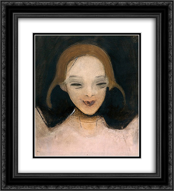 Smiling Girl 20x22 Black Ornate Wood Framed Art Print Poster with Double Matting by Schjerfbeck, Helene