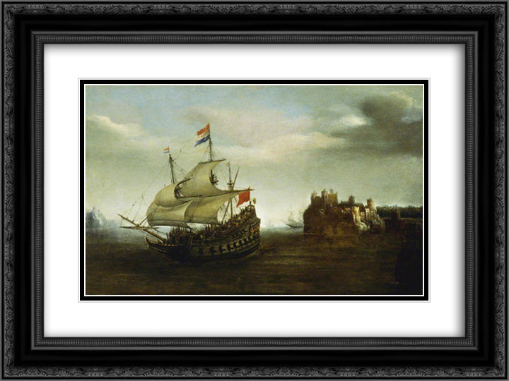 A Castle with a Ship Sailing Nearby 24x18 Black Ornate Wood Framed Art Print Poster with Double Matting by Vroom, Hendrick Cornelisz