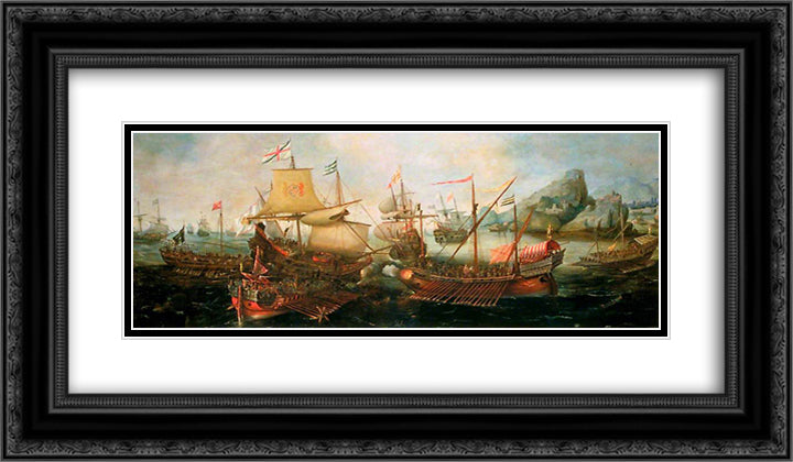 Attack on Spanish Treasure Galleys, Portugal 24x14 Black Ornate Wood Framed Art Print Poster with Double Matting by Vroom, Hendrick Cornelisz