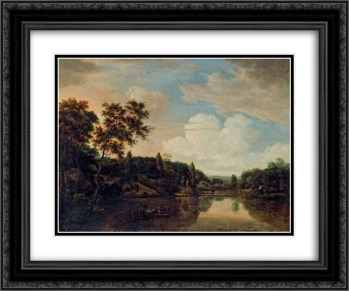 Ferry Boat on a River, Trees on a Hill to the Left 24x20 Black Ornate Wood Framed Art Print Poster with Double Matting by Vroom, Hendrick Cornelisz