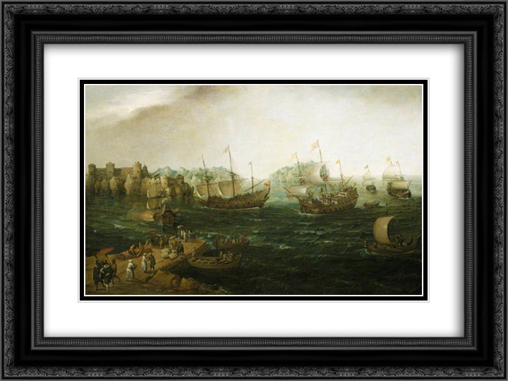 Ships Trading in the East 24x18 Black Ornate Wood Framed Art Print Poster with Double Matting by Vroom, Hendrick Cornelisz