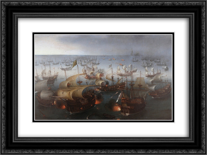 The Battle with the Spanish Armada 24x18 Black Ornate Wood Framed Art Print Poster with Double Matting by Vroom, Hendrick Cornelisz