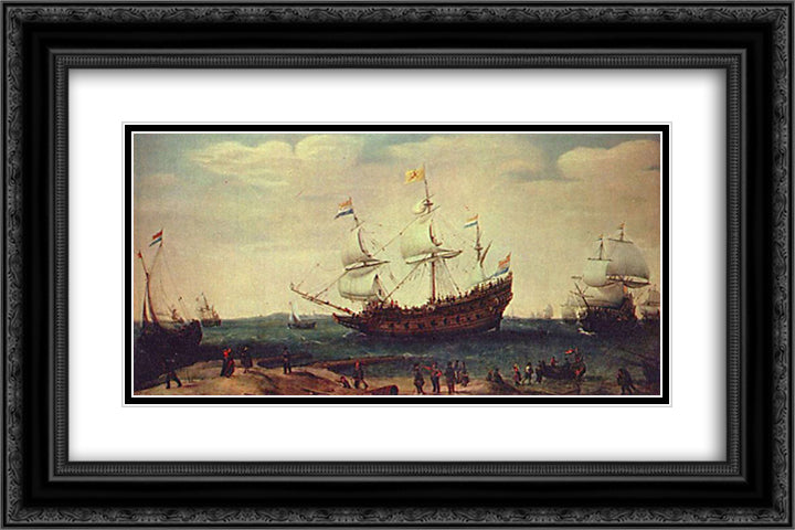 The Departure of the East Indiamen 24x16 Black Ornate Wood Framed Art Print Poster with Double Matting by Vroom, Hendrick Cornelisz
