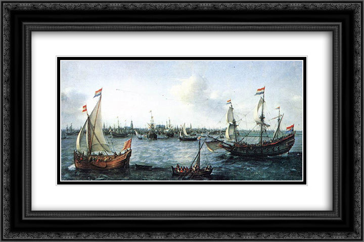 The Harbour in Amsterdam 24x16 Black Ornate Wood Framed Art Print Poster with Double Matting by Vroom, Hendrick Cornelisz