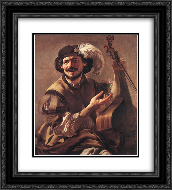 A Laughing Bravo with a Bass Viol and a Glass 20x22 Black Ornate Wood Framed Art Print Poster with Double Matting by Terbrugghen, Hendrick