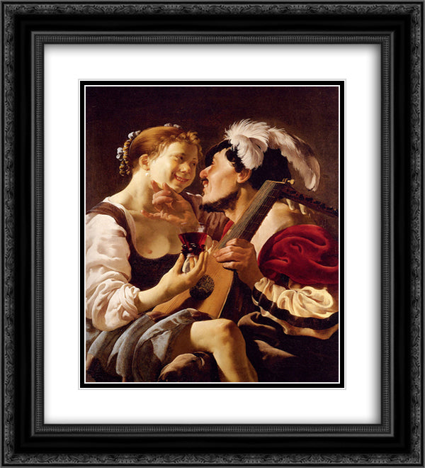 A Luteplayer Carousing With A Young Woman Holding A Roemer 20x22 Black Ornate Wood Framed Art Print Poster with Double Matting by Terbrugghen, Hendrick