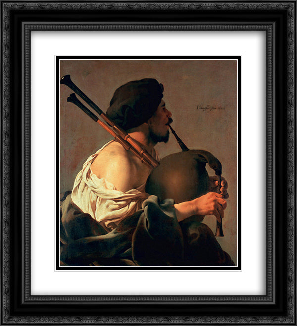 Bagpipe Player 20x22 Black Ornate Wood Framed Art Print Poster with Double Matting by Terbrugghen, Hendrick