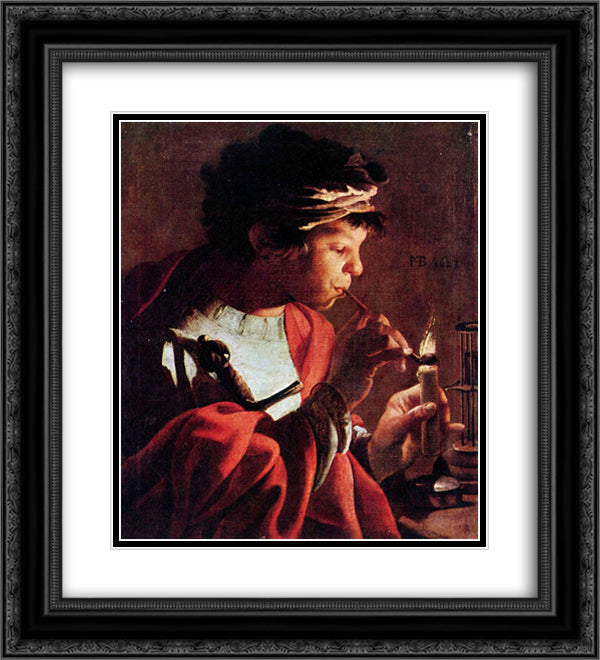 Boy Lighting a Pipe 20x22 Black Ornate Wood Framed Art Print Poster with Double Matting by Terbrugghen, Hendrick