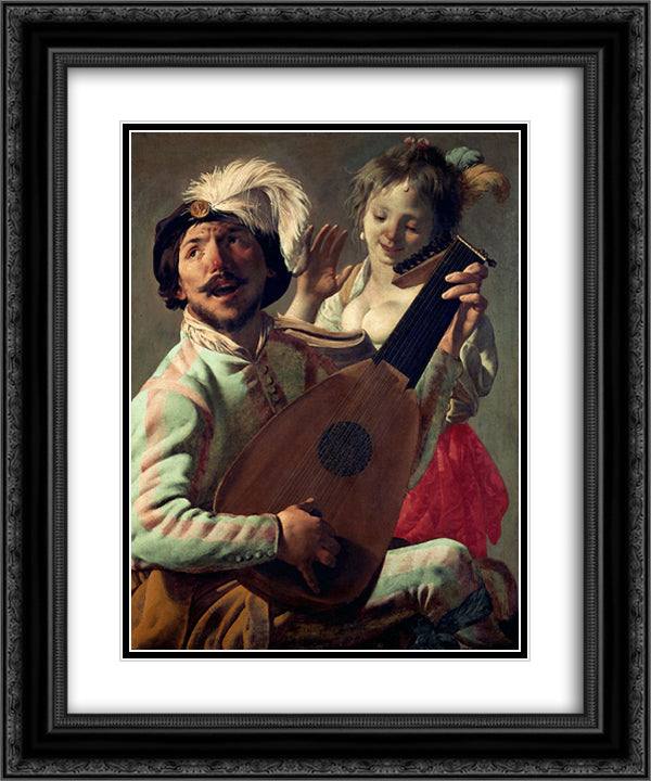Duet 20x24 Black Ornate Wood Framed Art Print Poster with Double Matting by Terbrugghen, Hendrick