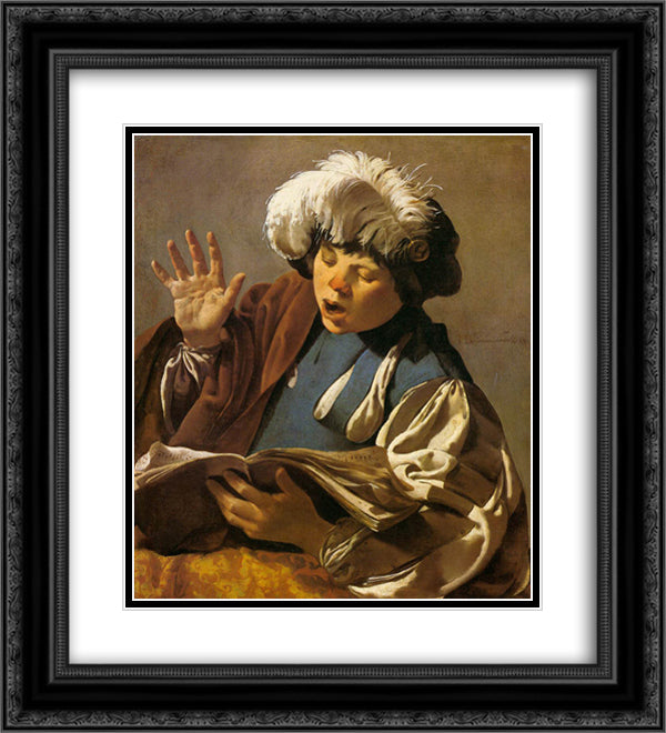 Singing Boy 20x22 Black Ornate Wood Framed Art Print Poster with Double Matting by Terbrugghen, Hendrick