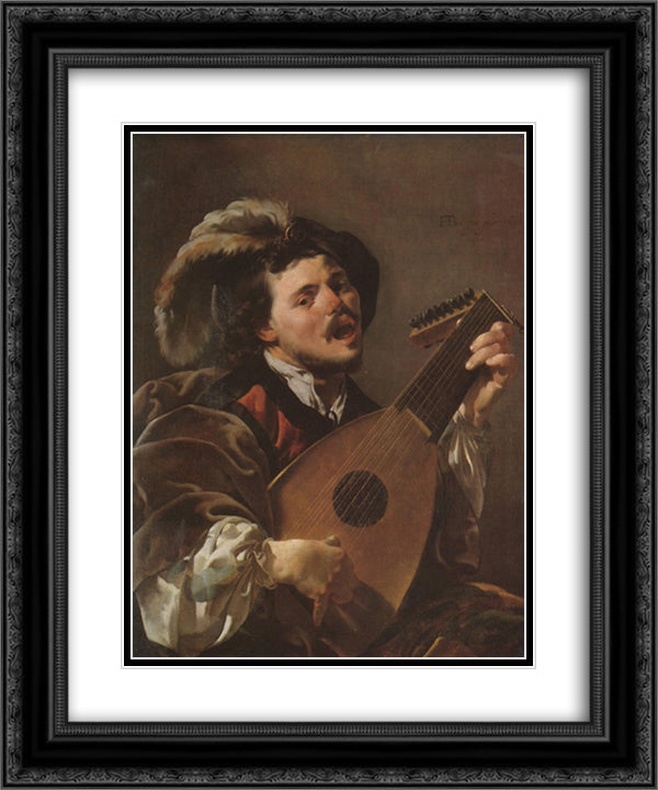 The Singing Lute Player 20x24 Black Ornate Wood Framed Art Print Poster with Double Matting by Terbrugghen, Hendrick