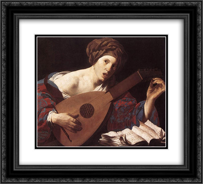 Woman Playing the Lute 22x20 Black Ornate Wood Framed Art Print Poster with Double Matting by Terbrugghen, Hendrick