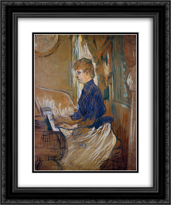 At the Piano Madame Juliette Pascal in the Salon of the Chateau de Malrome 20x24 Black Ornate Wood Framed Art Print Poster with Double Matting by Toulouse Lautrec, Henri de