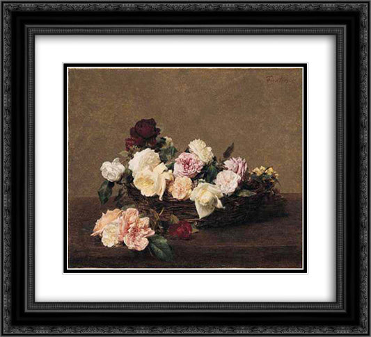 A Basket of Roses 22x20 Black Ornate Wood Framed Art Print Poster with Double Matting by Fantin Latour, Henri