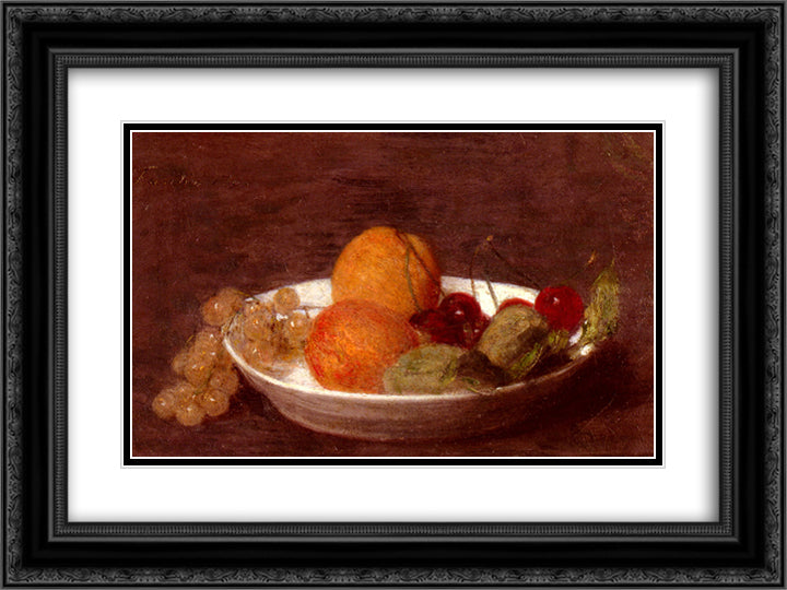 A Bowl Of Fruit 24x18 Black Ornate Wood Framed Art Print Poster with Double Matting by Fantin Latour, Henri