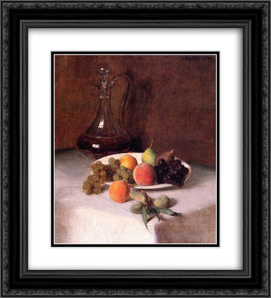 A Carafe of Wine and Plate of Fruit on a White Tablecloth 20x22 Black Ornate Wood Framed Art Print Poster with Double Matting by Fantin Latour, Henri