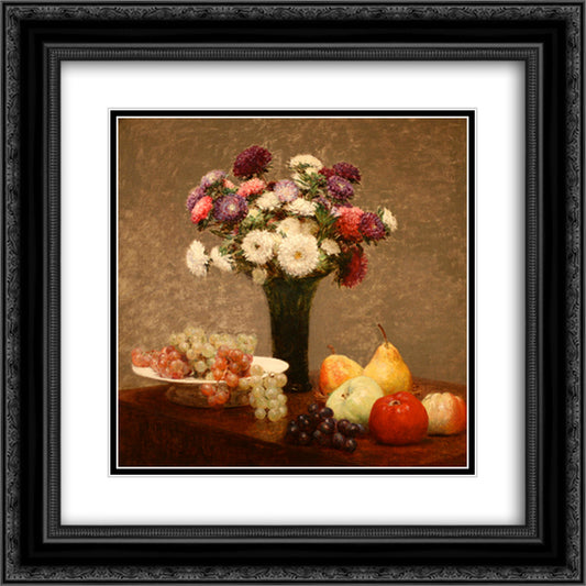 Asters and Fruit on a Table 20x20 Black Ornate Wood Framed Art Print Poster with Double Matting by Fantin Latour, Henri