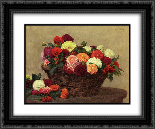 Basket of Dahlias 24x20 Black Ornate Wood Framed Art Print Poster with Double Matting by Fantin Latour, Henri