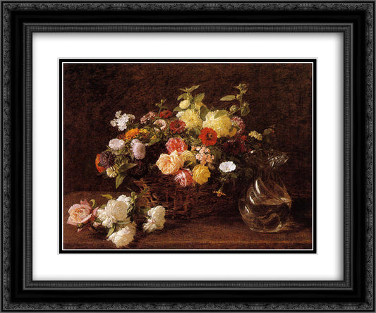 Basket of Flowers 24x20 Black Ornate Wood Framed Art Print Poster with Double Matting by Fantin Latour, Henri