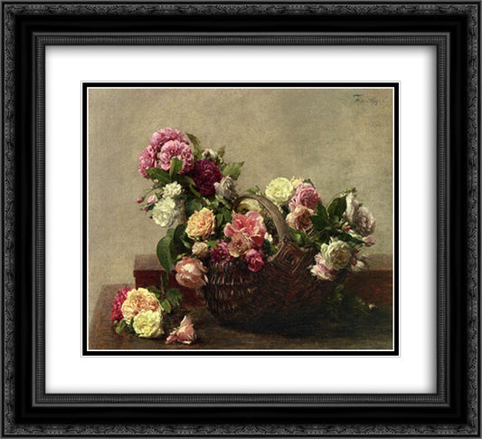 Basket of Roses 22x20 Black Ornate Wood Framed Art Print Poster with Double Matting by Fantin Latour, Henri