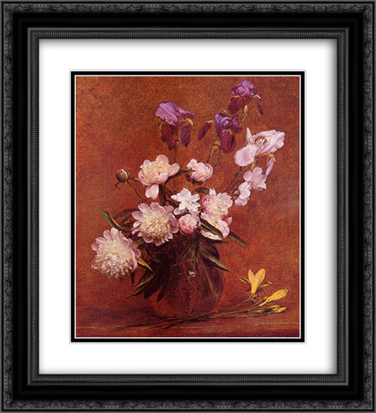 Bouquet of Peonies and Iris 20x22 Black Ornate Wood Framed Art Print Poster with Double Matting by Fantin Latour, Henri