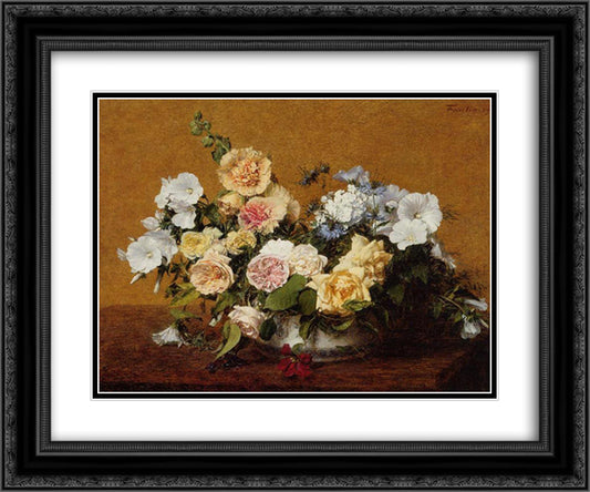 Bouquet of Roses and Other Flowers 24x20 Black Ornate Wood Framed Art Print Poster with Double Matting by Fantin Latour, Henri