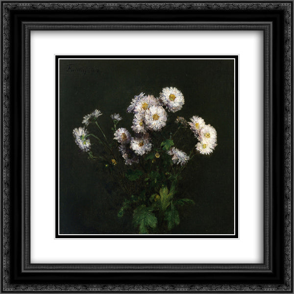 Bouquet of White Chrysanthemums 20x20 Black Ornate Wood Framed Art Print Poster with Double Matting by Fantin Latour, Henri