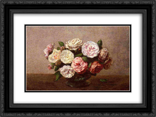 Bowl of Roses 24x18 Black Ornate Wood Framed Art Print Poster with Double Matting by Fantin Latour, Henri