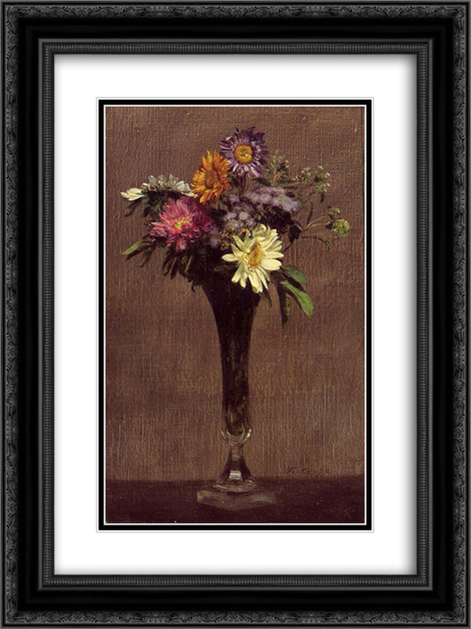 Daisies and Dahlias 18x24 Black Ornate Wood Framed Art Print Poster with Double Matting by Fantin Latour, Henri