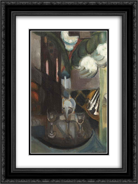 A still life with a carafe and glasses 18x24 Black Ornate Wood Framed Art Print Poster with Double Matting by Le Fauconnier, Henri