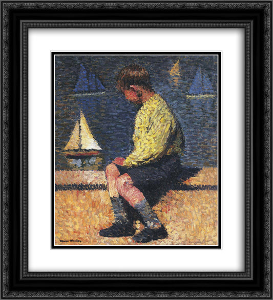 A Boy with Sailboats 20x22 Black Ornate Wood Framed Art Print Poster with Double Matting by Martin, Henri